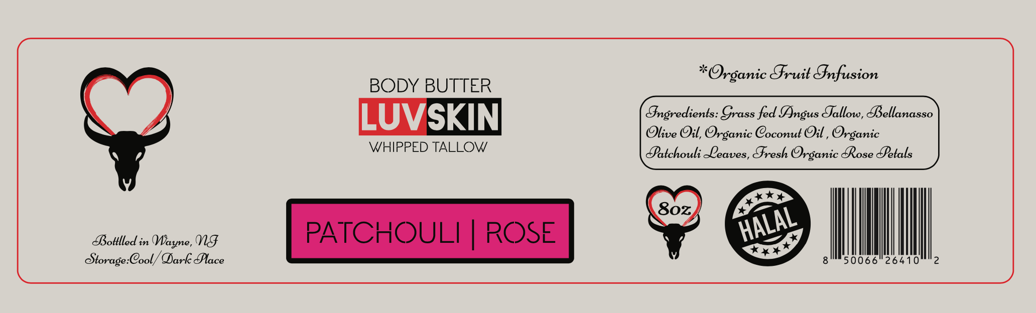 LuvSkin Patchouli Rose Whipped Tallow Cream Grass Fed 8oz